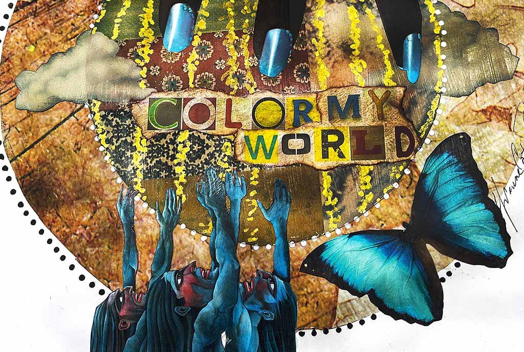 A collage of a group of blue people with red face painting gathered to reach up towards a giant hand holding an orb with the words “Color My World” on it. There is a blue butterfly on the orb.