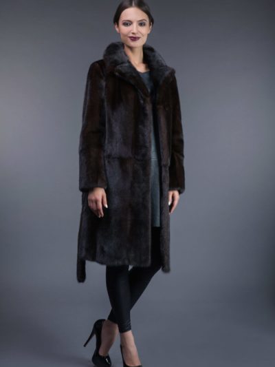 classic natural brown vertical mink fur coat with belt