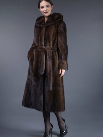 long natural brown mink fur hooded coat tied with belt