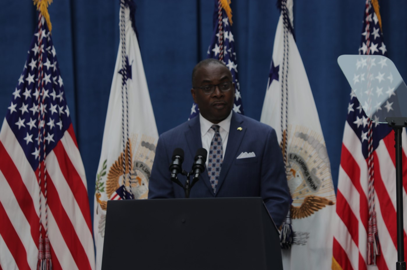 Buffalo Mayor Byron Brown delivers remarks at the University at Buffalo's Center for the Arts ahead of Vice President Kamala Harris' speech there Sept. 14, 2022.