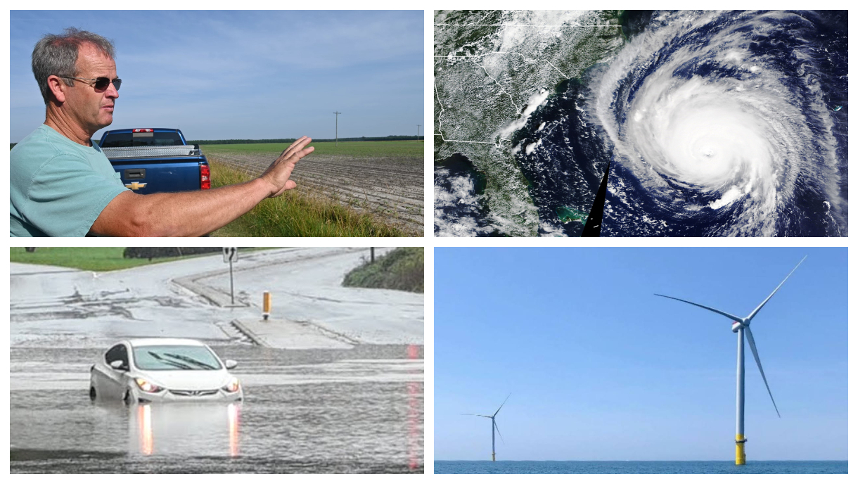 Top from left: Hyde County farmer Ray Tooley, Hurricane Florence approaches Wilmington in 2018, flooding in west Charlotte in 2020, and a wind turbine off the Virginia Coast.