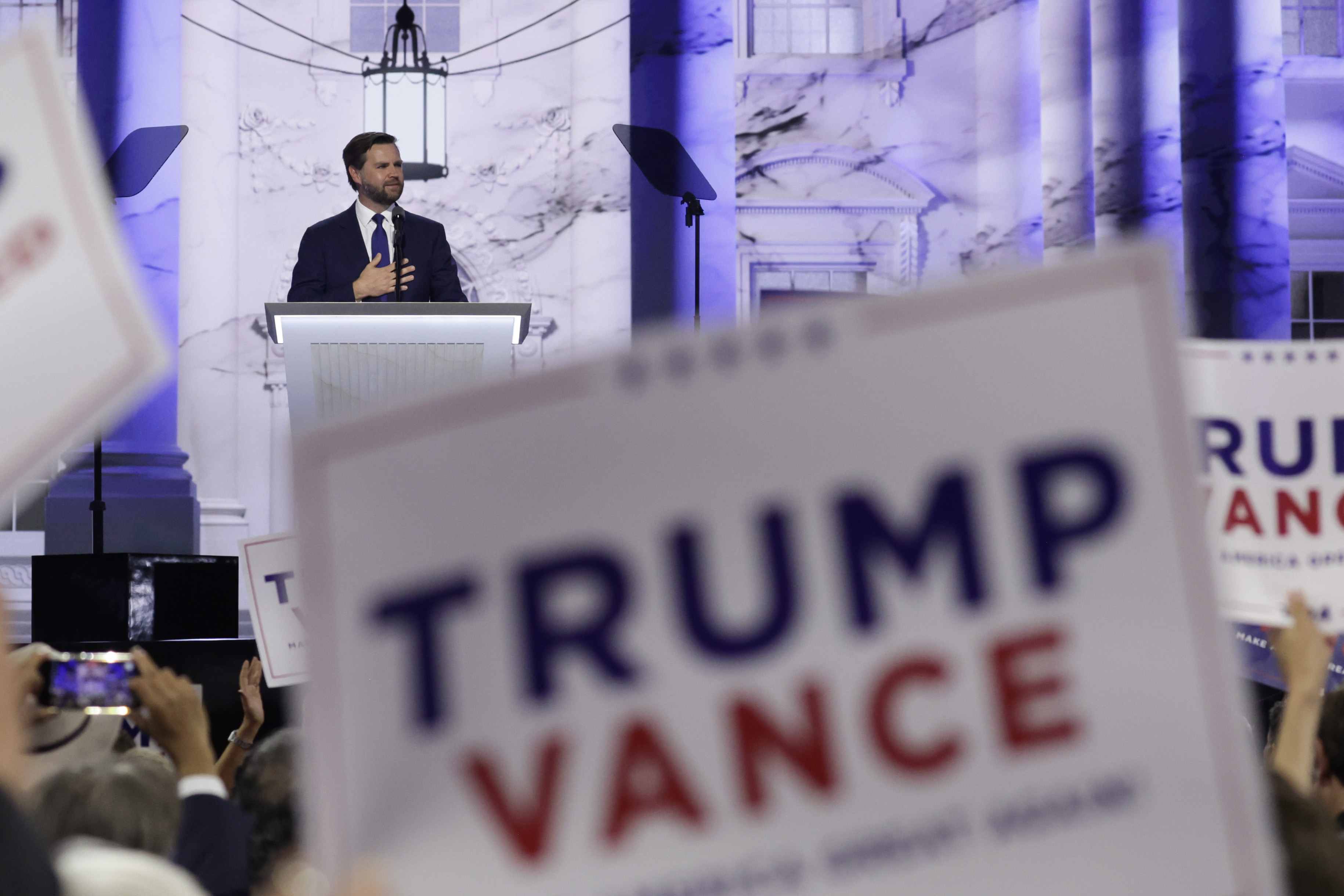 Republican vice presidential candidate, U.S. Sen. J.D. Vance, speaks on stage  on the third day of the Republican National Convention in Milwaukee.