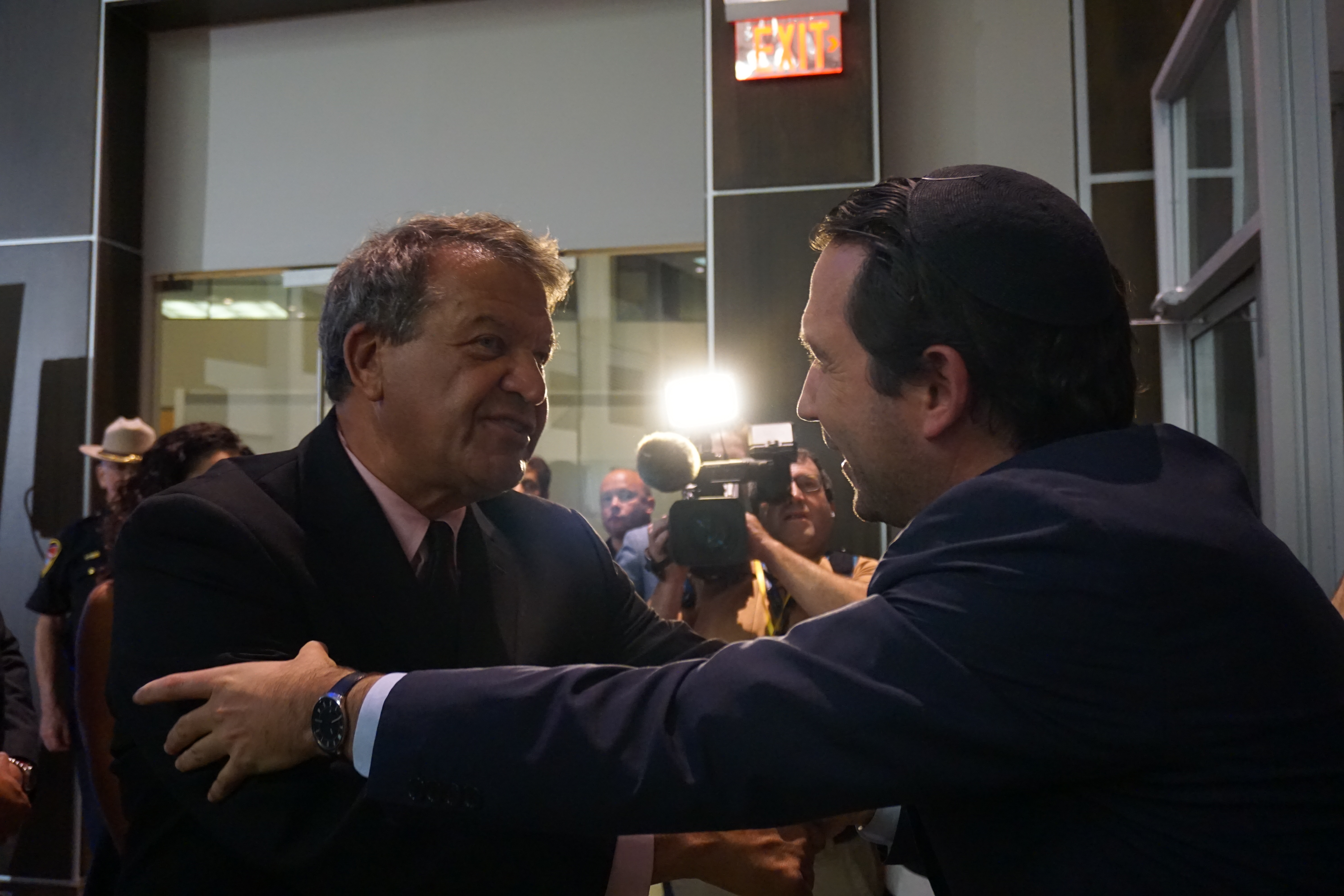 Westchester County Executive George Latimer hugs a supporter after his Democratic primary victory over incumbent Jamaal Bowman on June 25, 2024.