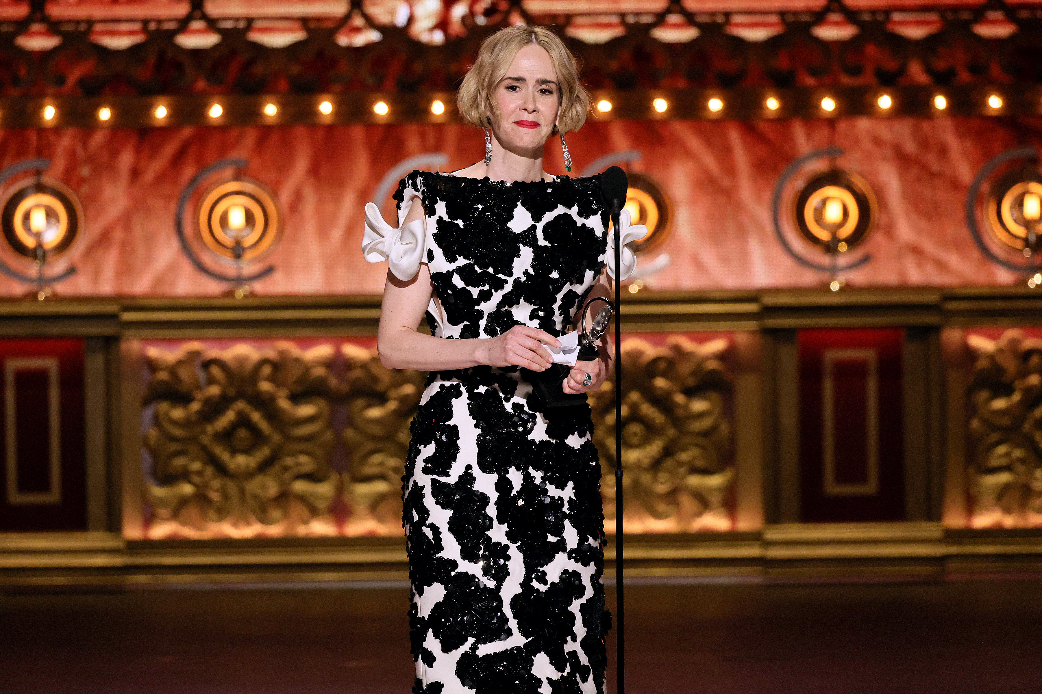 Sarah Paulson is seen Sunday night accepting the best leading actress in a play award for <em>Appropriate</em>, marking her halfway point to EGOT status, a person who has won an Emmy, Grammy, Oscar and Tony awards.