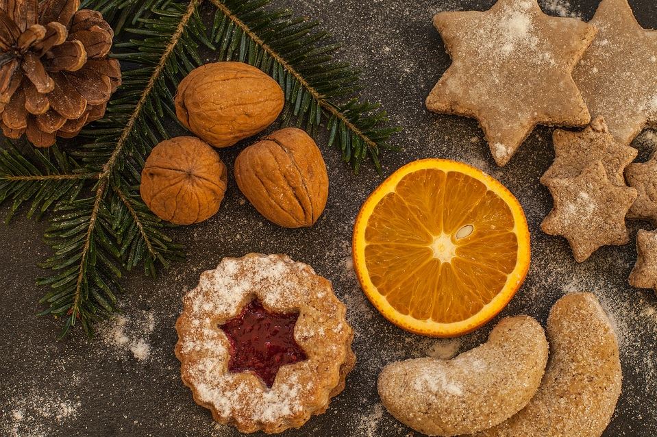 nuts, cookies, orange slice