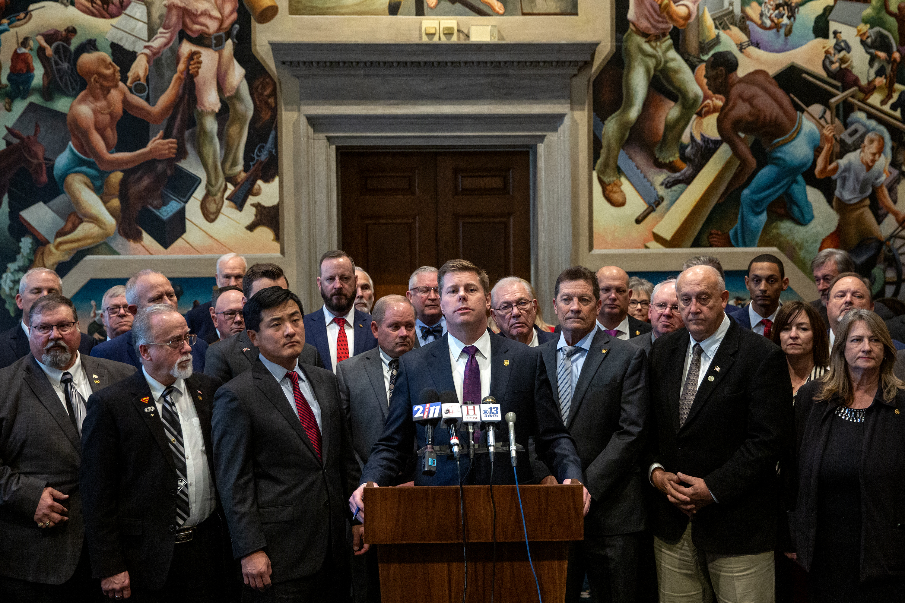 Surrounded by members of his caucus, Speaker of the House Dean Plocher, R-St. Louis, speaks to members of the press on the first day of the 2024 legislative session, Wednesday, Jan. 3, 2024, at the Missouri Capitol in Jefferson City, Mo. 