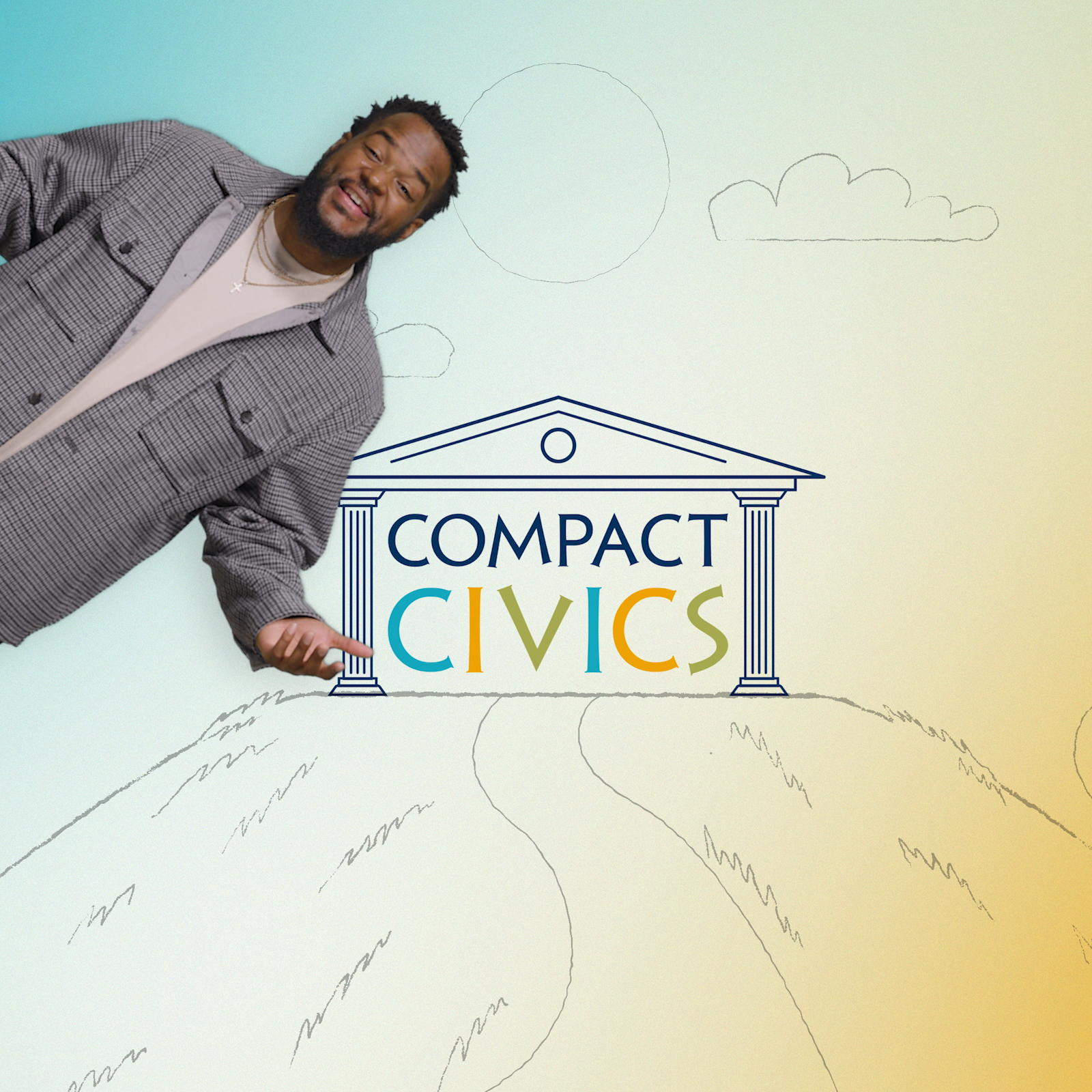 Host Cory McCants in from of Compact Civics logo