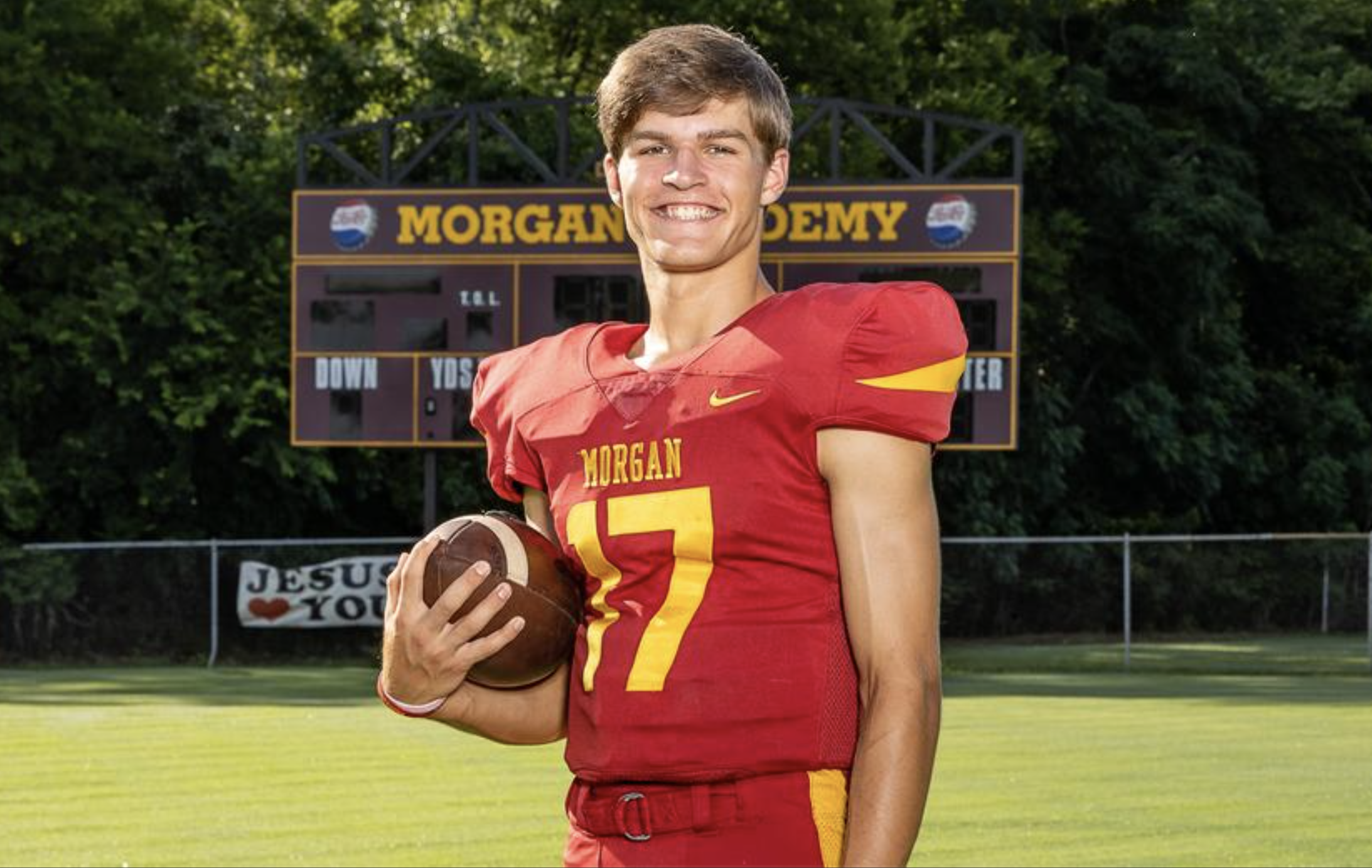 A team photo shows Caden Tellier, the quarterback at Morgan Academy in Selma, Ala., who died over the weekend after a brain injury in a game. The school shared photos of Tellier as it called for donations to support his family.