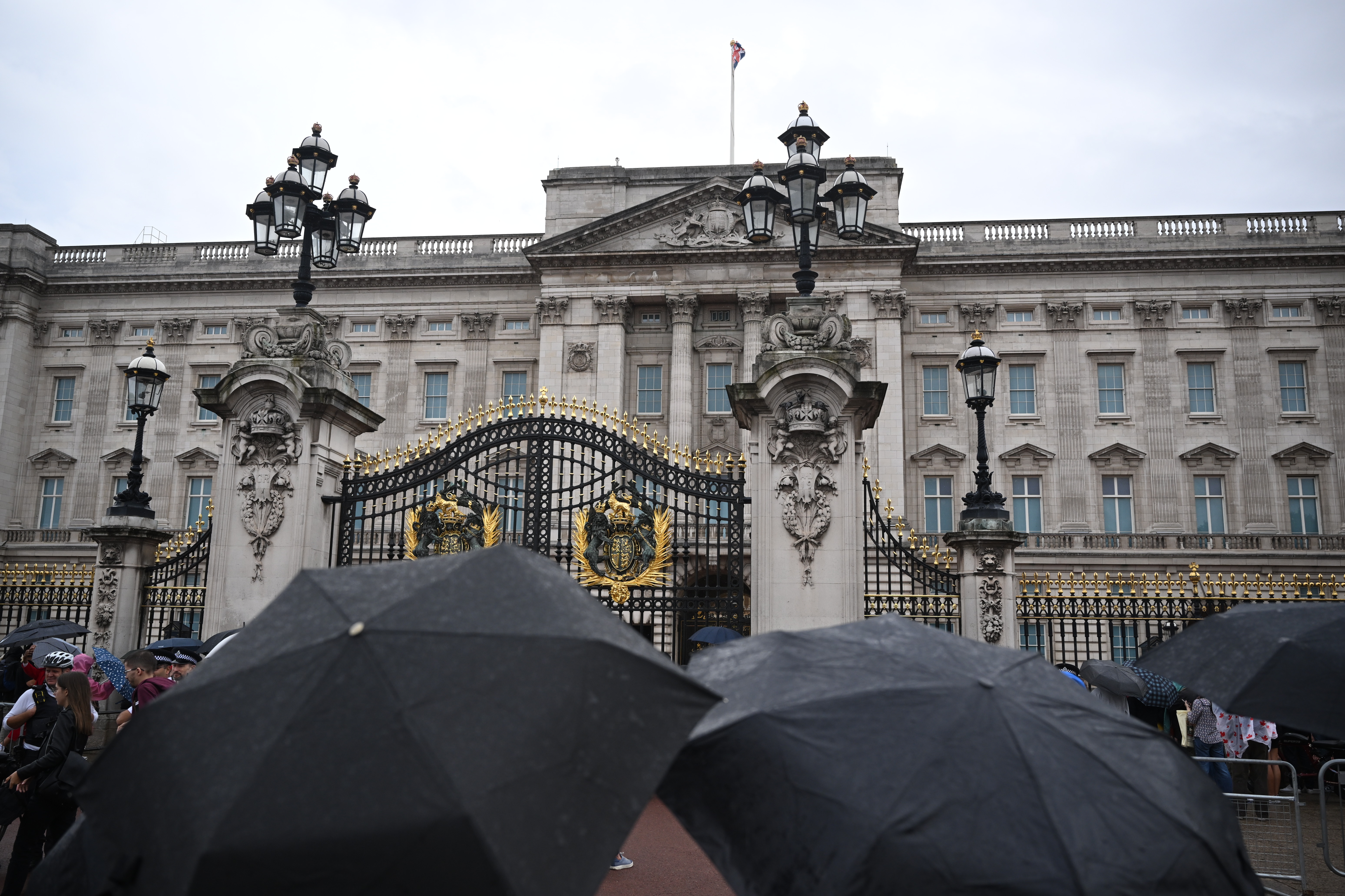 People stand under black umbrellas in front of Buckingham Palace.