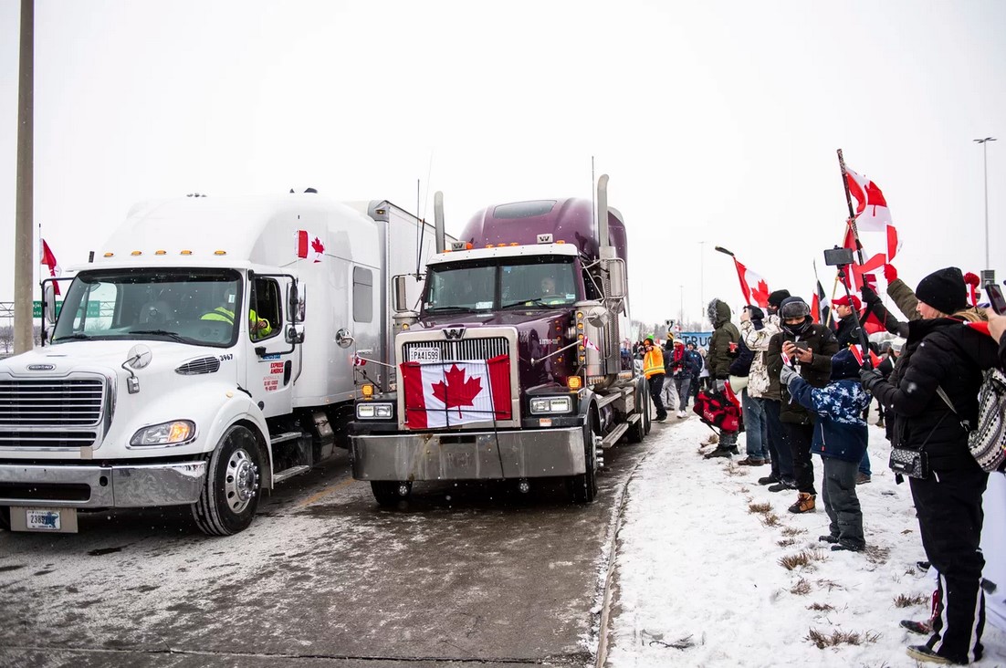 Protesters show their support for the "Freedom Convoy" of truck drivers who were making their way to Ottawa to protest COVID-19 vaccine mandates by the Canadian government Jan. 27, 2022.