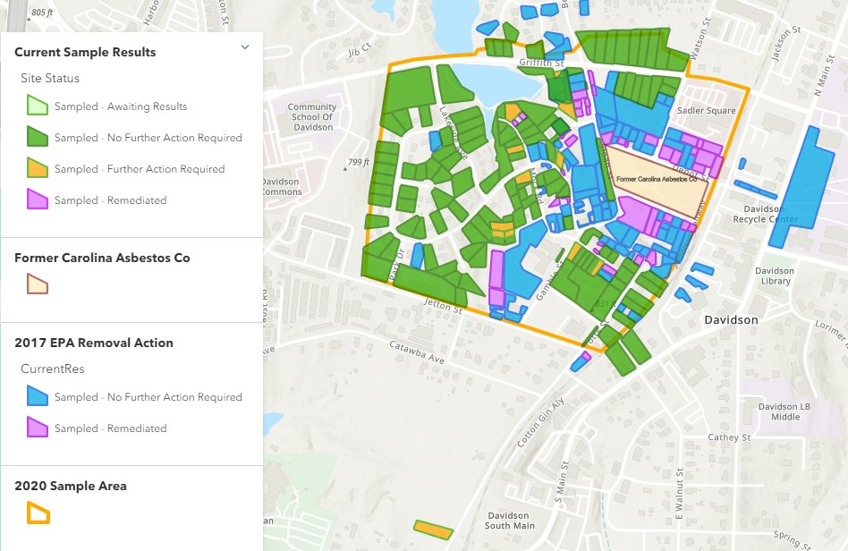 A 2021 map shows new yards and properties (orange) where the EPA plans to excavate and replace asbestos-contaminated soil. Pink areas were cleaned up in 2017.