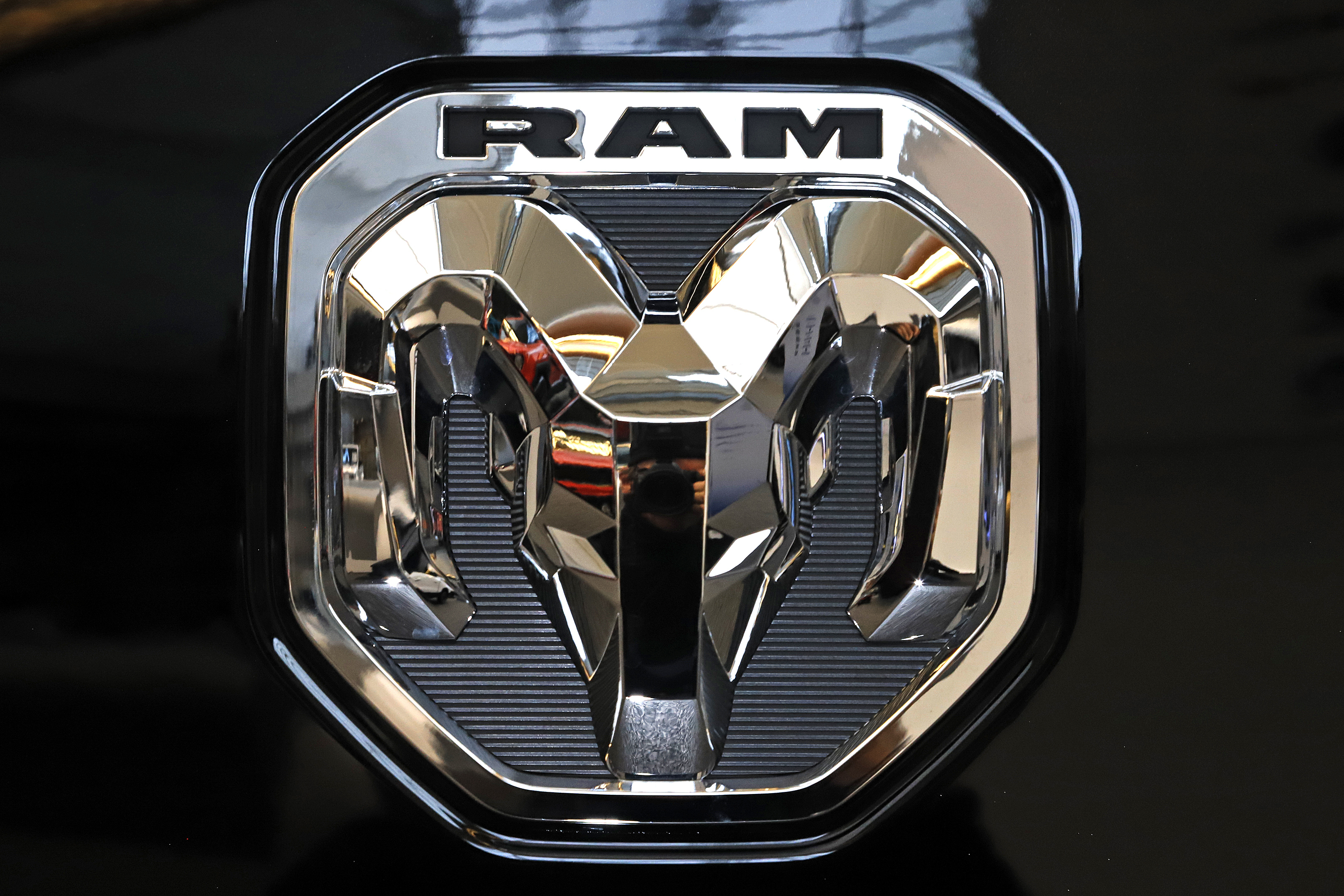 A 2020 photo shows the Ram truck logo at the 2020 Pittsburgh International Auto Show in Pittsburgh.