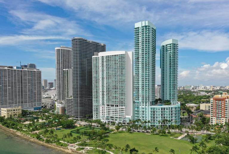 A cluster of condo and apartment towers overlooking Miami’s bayfront Margaret Pace Park in Edgewater.