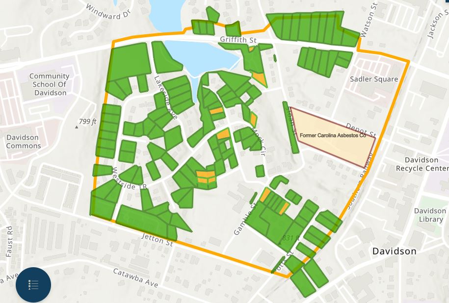 An updated map shows private properties that have been tested for asbestos on Davidson's West Side. Those in orange tested positive for asbestos and are expected to have soil removed and replaced in late January or early February.