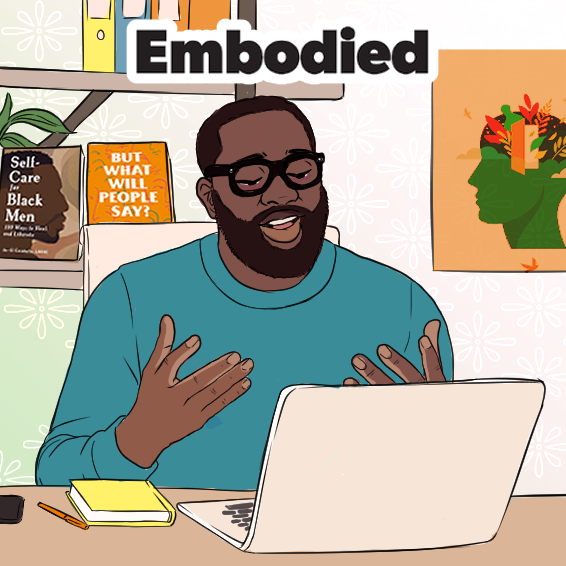 An illustration featuring a Black masc-of-center person talking with their hands in motion, looking into their laptop. The person is wearing a teal long-sleeved shirt, has dark brown skin, short dark hair, a dark beard and is wearing glasses in thick, dark frames. Their laptop is white and open in front of them on a desk. There's a yellow notebook, a pen and a phone also on the desk. On the wall behind them is a shelf featuring books, including "Self-Care for Black Men" and "But What Will People Say?" There is also a plant on that shelf and another shelf above it, featuring books. The wall behind them also features a hanging work of art. The word "Embodied" is at the top of the illustration.