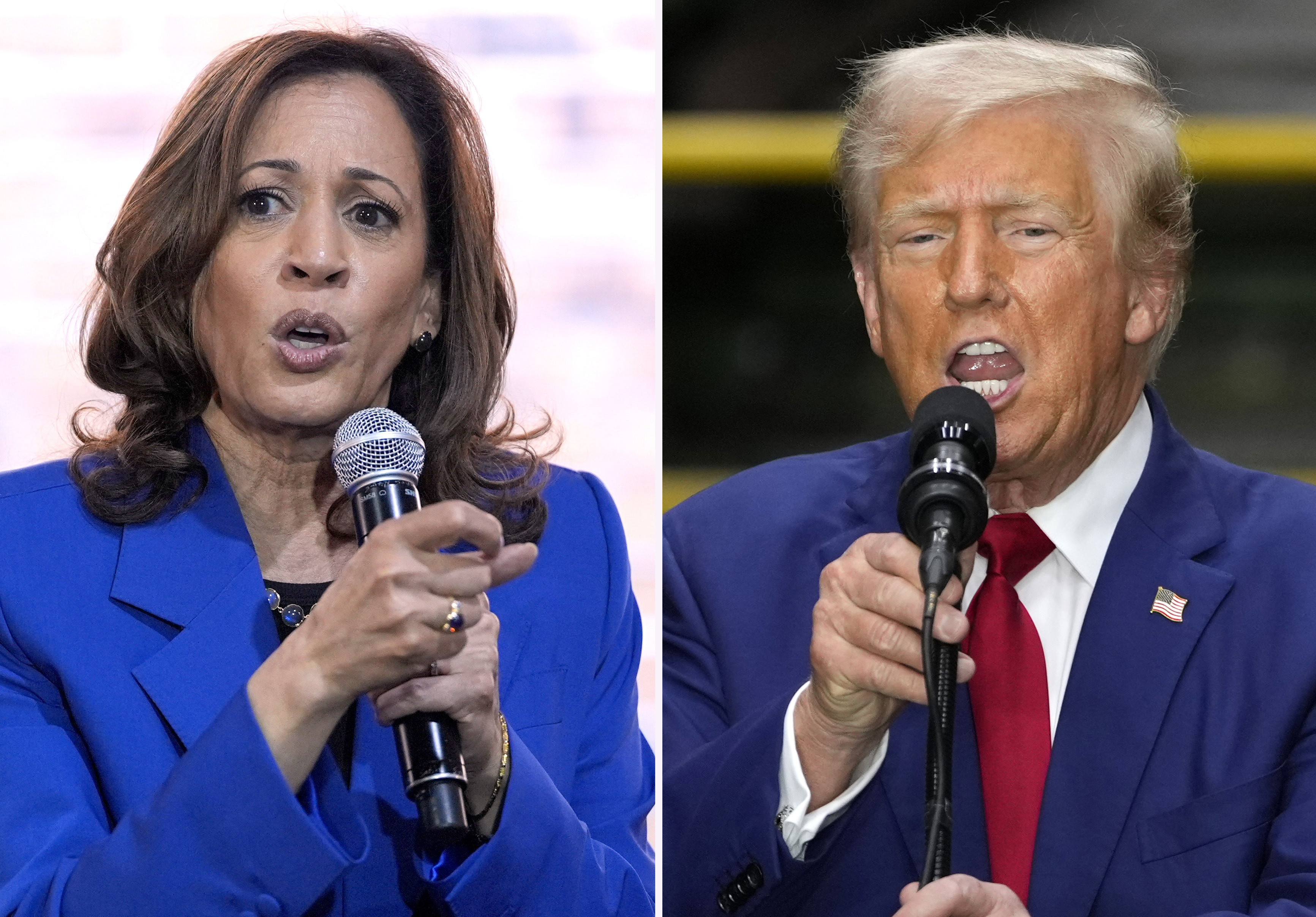 Vice President Harris speaks at a campaign event in Rochester, Penn., on Aug. 18, 2024, and former President Donald Trump speaks during a campaign event in York, Penn., on Aug. 19, 2024.