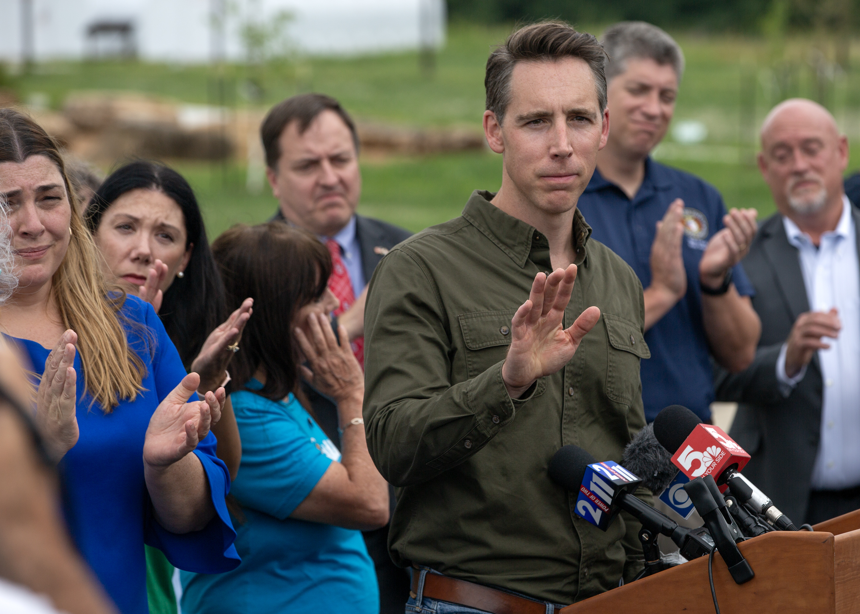 U.S. Sen. Josh Hawley, center, on Thursday, July 13, 2023 at the Dept. of Energy’s Weldon Spring Site Interpretive Center in St. Charles County. Wednesday, after new reporting on ongoing radioactive contamination in the St. Louis area, Hawley introduced legislation to create a fund for those impacted by the contamination. Also pictured, from left, is Rep. Tricia Byrnes, R-Wentzville, Just Moms STL founders Dawn Chapman and Karen Nickel, Missouri Secretary of State Jay Ashcroft, Sen. Bill Eigel, R-Weldon Springs, and Rep. Richard West, R-Wentzville.