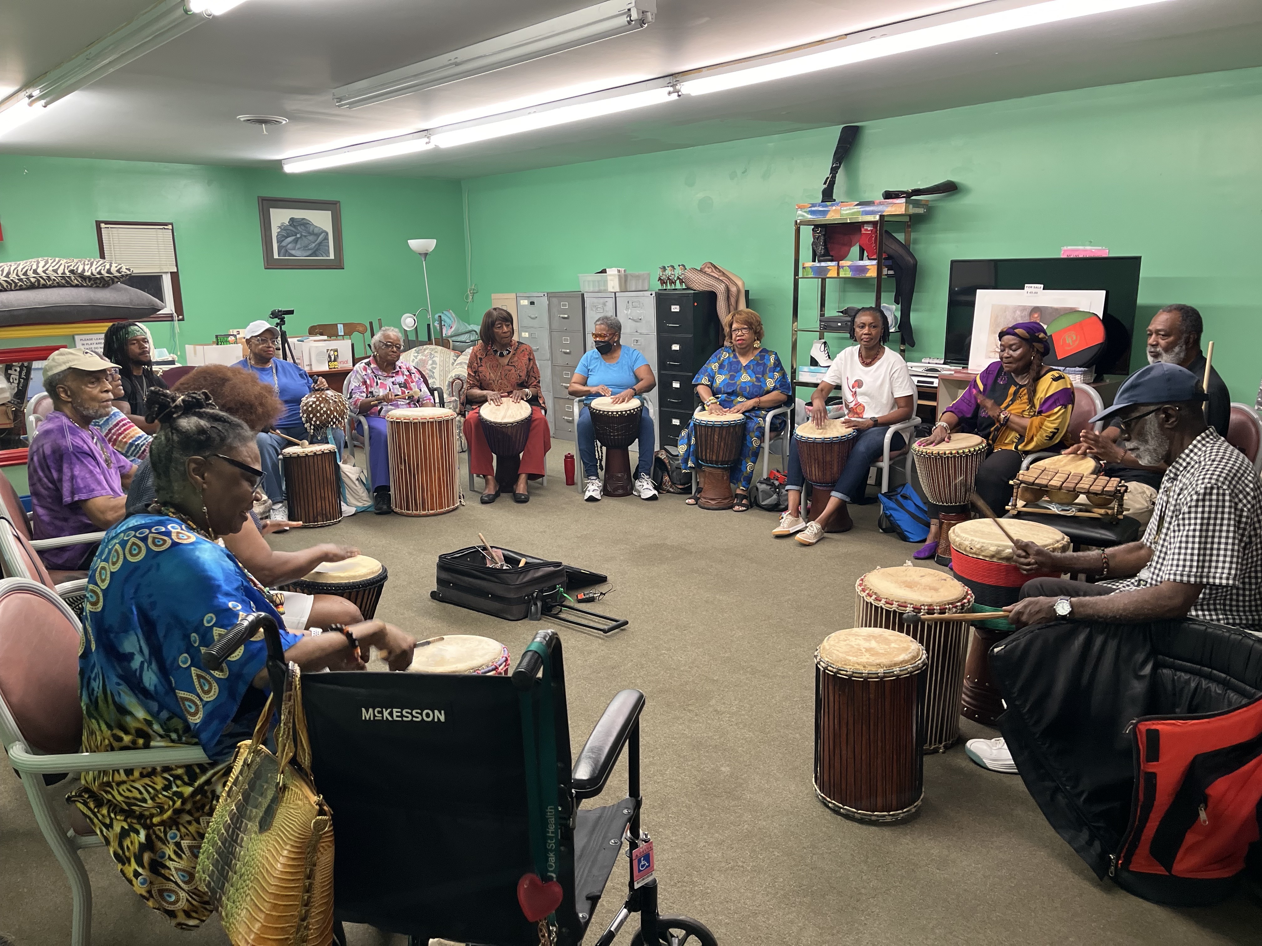 The Senior African Drumming and Percussion Ensemble rehearse in west Charlotte ahead of their performance at the Juneteenth Festival and on the Charlotte Symphony’s mobile stage.