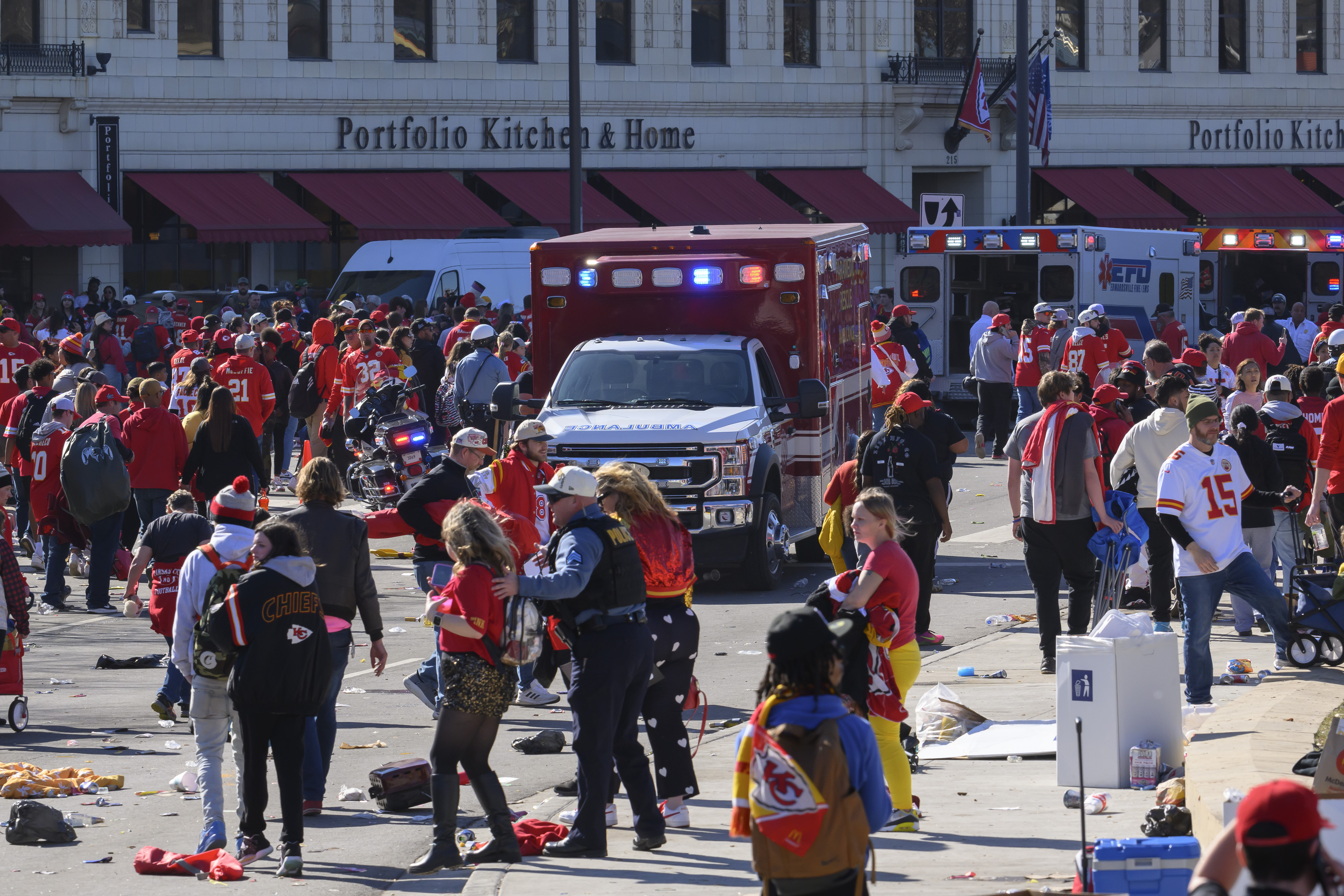 Police clear the area following a shooting at the Kansas City Chiefs Super Bowl celebration in Kansas City, Mo., Wednesday, Feb. 14, 2024.