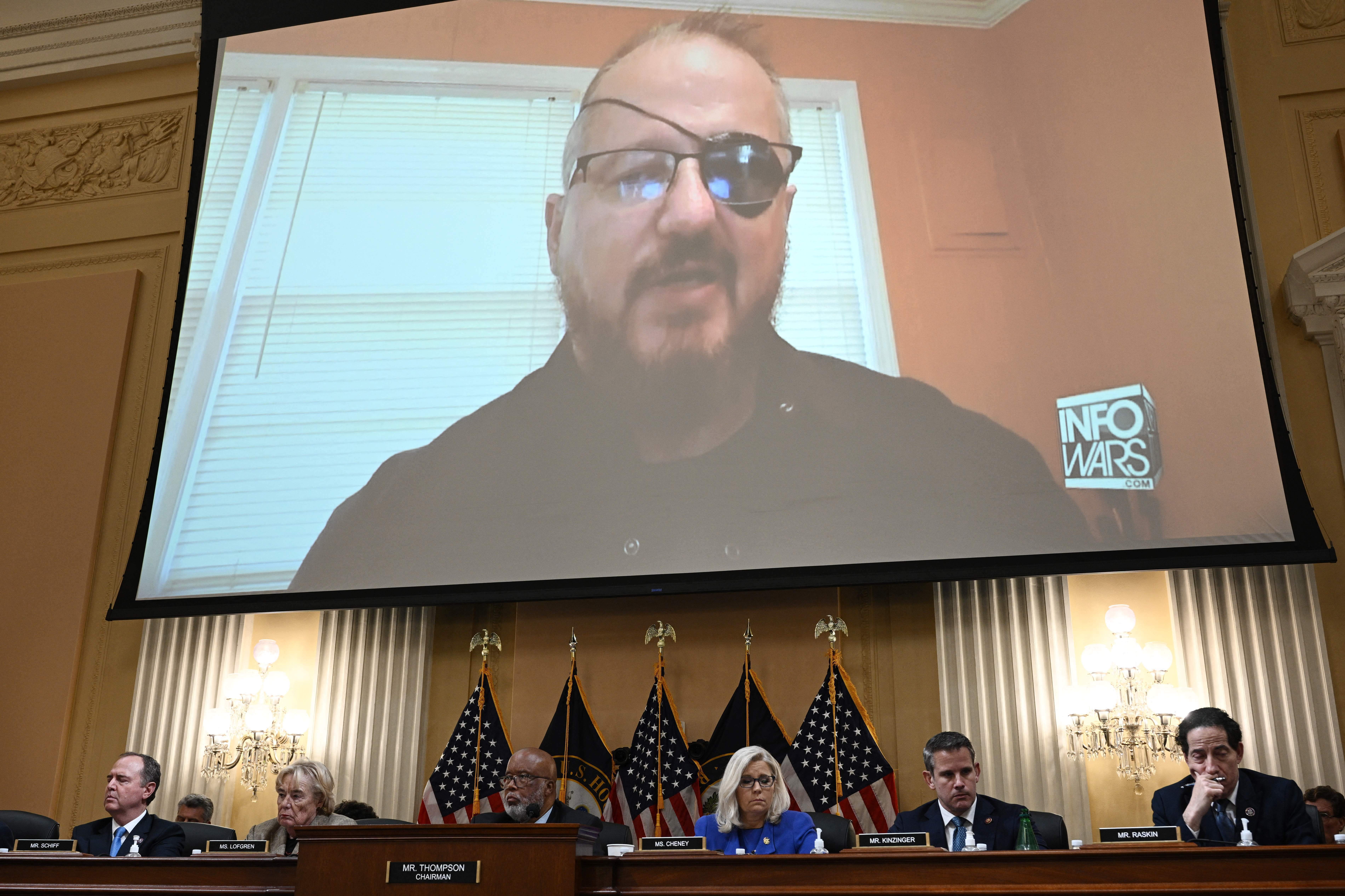 Stewart Rhodes, founder of the Oath Keepers, is seen on a screen during a House Select Committee hearing to Investigate the January 6th Attack on the Capitol in June.