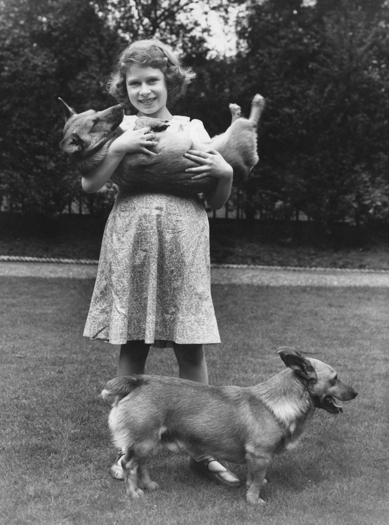 A black and white full length photo of Queen Elizabeth as a child holding a corgi while another corgi walks past her at ground level.