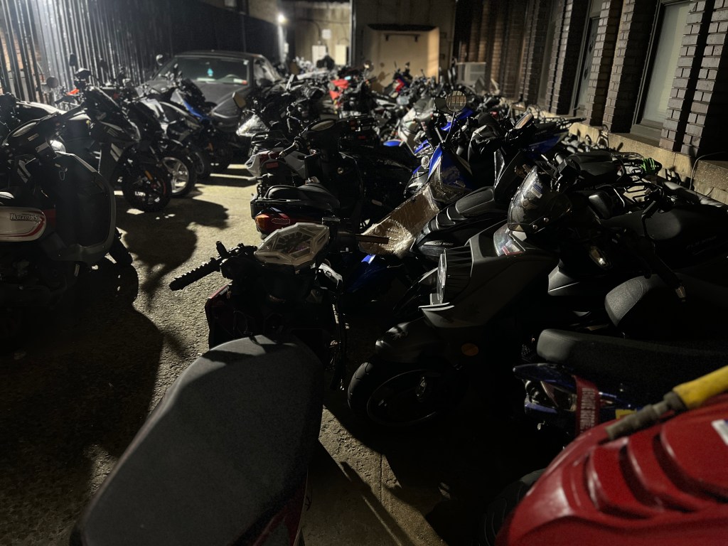 Illegal Scooters Seized by the NYPD are seen lined up in Manhattan after being confiscated.