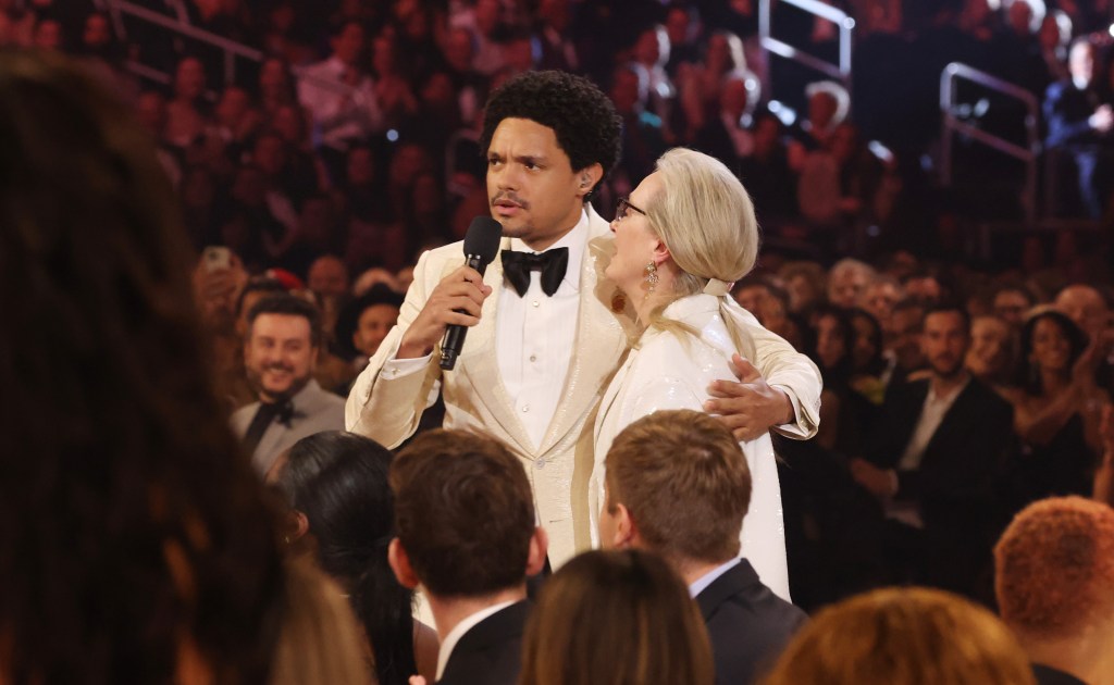 Meryl Streep surprises host Trevor Noah during his opening monologue at the 66th Grammys Sunday night in LA.