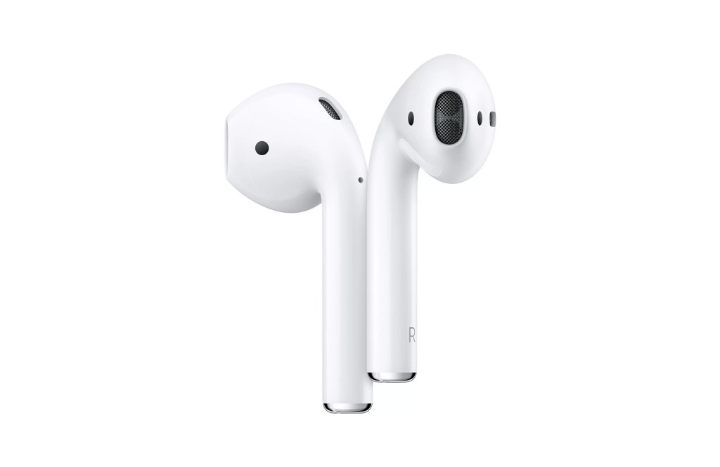 A pair of white earbuds