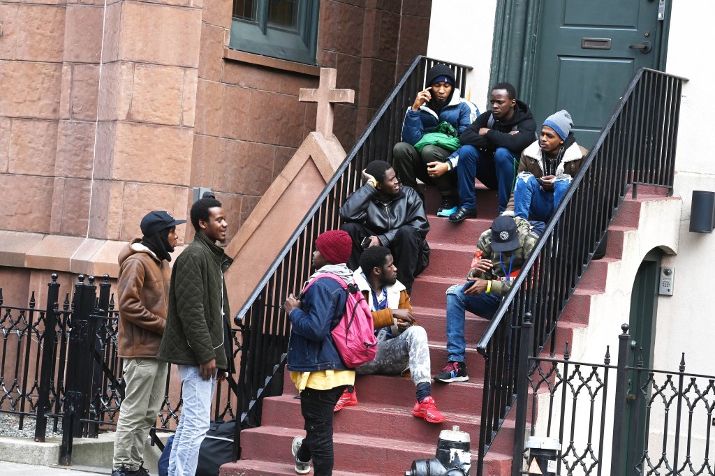 New York- Migrants outside St. Brigid's School 