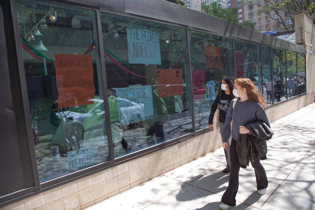 Pro Palestine demonstrators set up tents in the lobby of the Lincoln Center Campus