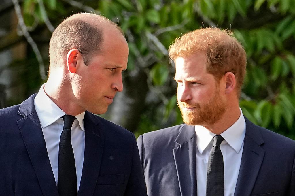 Prince William and Prince Harry in suits, walking and looking at each other, outside Windsor Castle