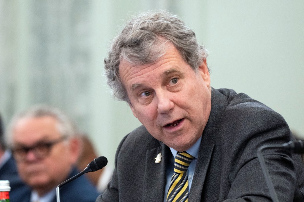 Senator Sherrod Brown speaking during a Capitol Hill hearing in Washington, March 2023