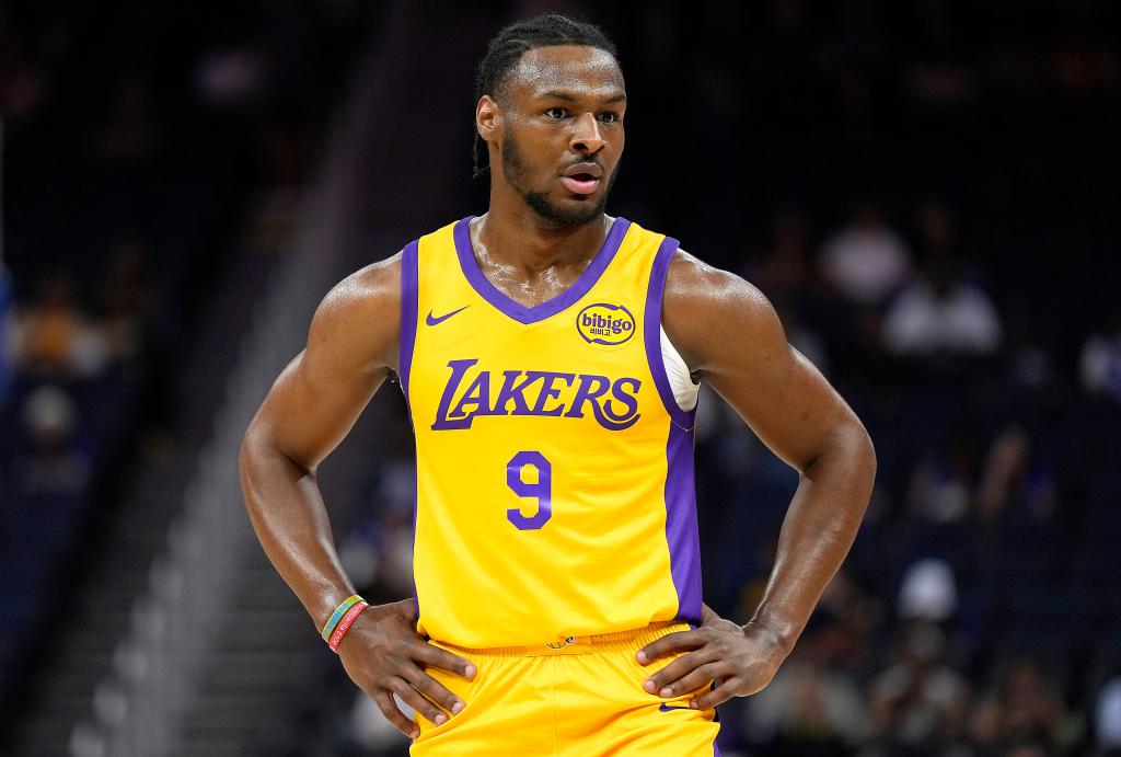 Bronny James Jr. #9 of the Los Angeles Lakers looks on against the Sacramento Kings during the first half of the 2024 California Classic summer league game at Chase Center on July 06, 2024 in San Francisco, California.