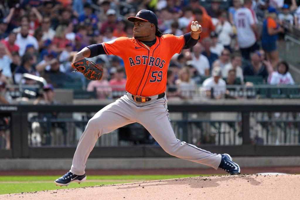 Houston Astros pitcher Framber Valdez throws during the first inning of a baseball game against the Houston Astros, Saturday, June 29, 2024, in New York.