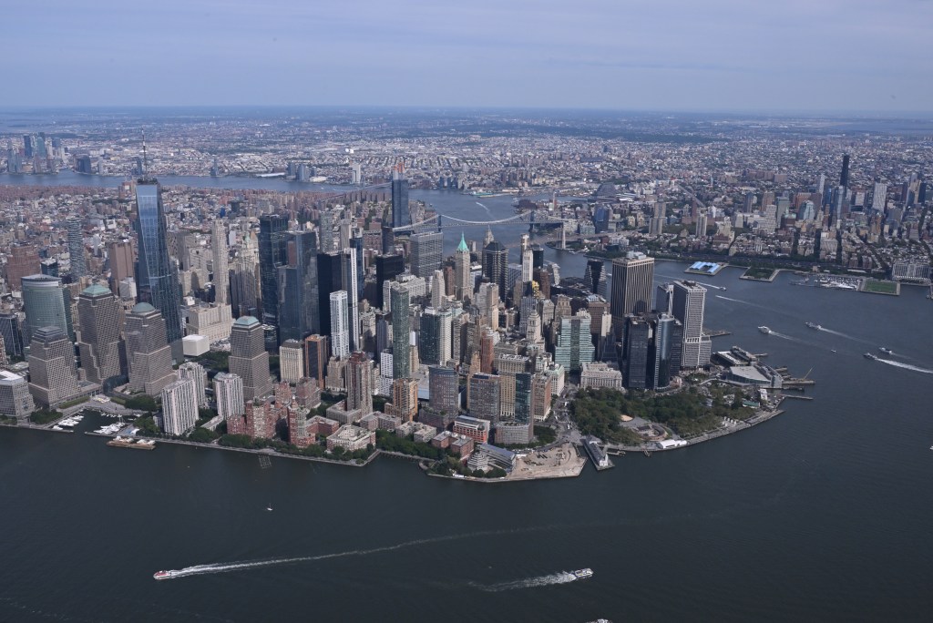 Aerial view of New York City with water and boats taken on Saturday, September 16, 2023