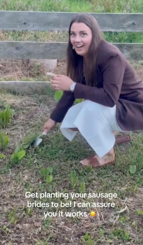 Bride and TikTok user Eleri Anne burying a sausage. 