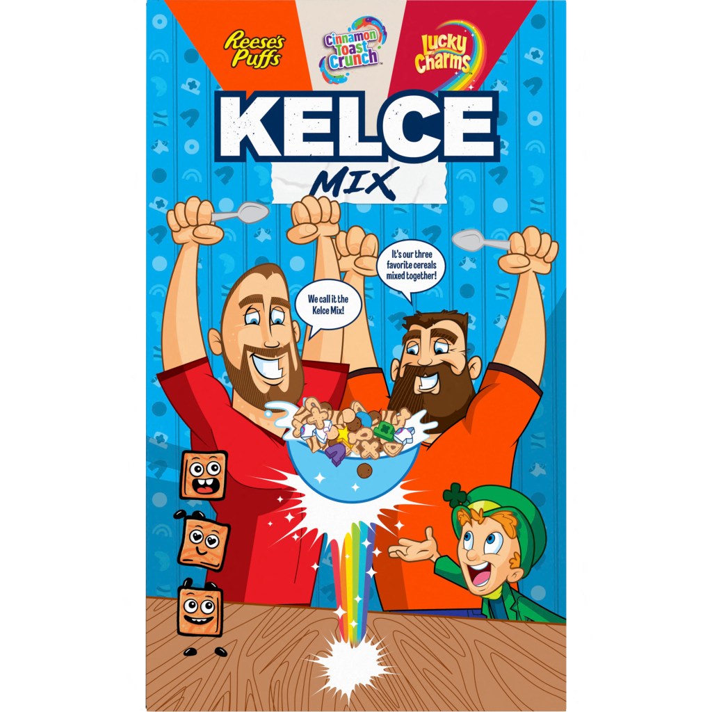 Travis and Jason Kelce have teamed up to launch their own Kelce Mix breakfast cereal., The new mix combines three of their favorite cereal brands - Cinnamon Toast Crunch, Lucky Charms and Reeseâs Puffs., The brothers are partnering with cereal giant General Mills, with Kelce Mix hitting supermarket shelves from September., Brandon Tyrrell, senior manager of brand experience for family favorites cereals at General Mills, said: âAfter some fan speculation, we are so excited to confirm that you can now eat and train like the Kelce brothers by getting your hands on the legendary lineup of cereals and watching all the fun from our Cereal Training Camp videos this football season. , âOur brands have always brought families together at the breakfast table, so itâs been special to work with Jason and Travis who grew up eating our cereals themselves and could channel their inner child when competing. , âWe hope this collab inspires our fans to think about their own all-time cereal creations while they enjoy more togetherness over a bowl of Kelce Mix.â, MANDATORY BYLINE - MUST CREDIT: General Mills/Mega. 24 Jul 2024 Pictured: Travis and Jason Kelce have teamed up to launch their own Kelce Mix breakfast cereal with General Mills. MANDATORY BYLINE - MUST CREDIT: General Mills/Mega. Photo credit: General Mills/Mega TheMegaAgency.com +1 888 505 6342
