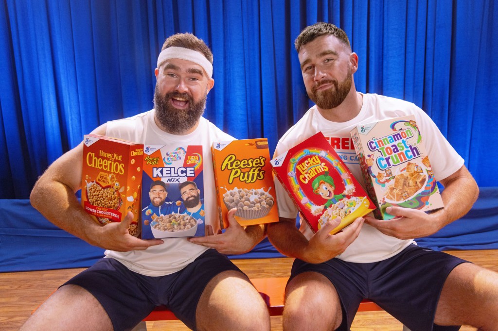 Travis and Jason Kelce have teamed up to launch their own Kelce Mix breakfast cereal., The new mix combines three of their favorite cereal brands - Cinnamon Toast Crunch, Lucky Charms and Reeseâs Puffs., The brothers are partnering with cereal giant General Mills, with Kelce Mix hitting supermarket shelves from September., Brandon Tyrrell, senior manager of brand experience for family favorites cereals at General Mills, said: âAfter some fan speculation, we are so excited to confirm that you can now eat and train like the Kelce brothers by getting your hands on the legendary lineup of cereals and watching all the fun from our Cereal Training Camp videos this football season. , âOur brands have always brought families together at the breakfast table, so itâs been special to work with Jason and Travis who grew up eating our cereals themselves and could channel their inner child when competing. , âWe hope this collab inspires our fans to think about their own all-time cereal creations while they enjoy more togetherness over a bowl of Kelce Mix.â, MANDATORY BYLINE - MUST CREDIT: General Mills/Mega. 24 Jul 2024 Pictured: Travis and Jason Kelce have teamed up to launch their own Kelce Mix breakfast cereal with General Mills. MANDATORY BYLINE - MUST CREDIT: General Mills/Mega. Photo credit: General Mills/Mega TheMegaAgency.com +1 888 505 6342
