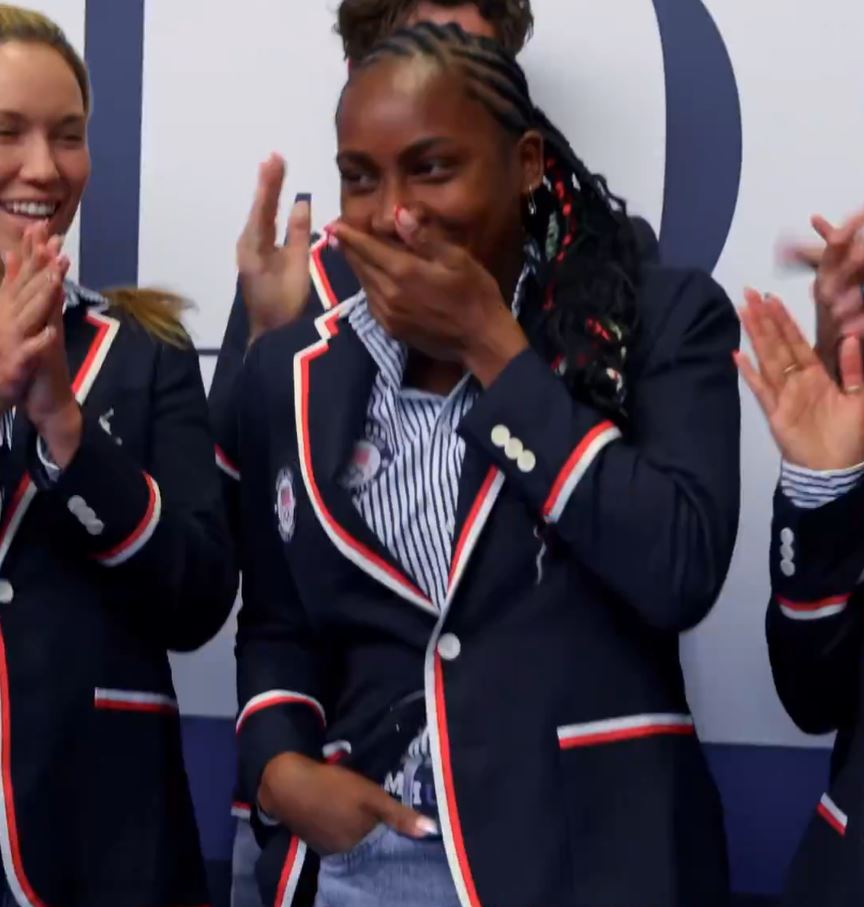 Coco Gauff reacts after finding out she'd be one of the U.S. Olympic flag bearers with LeBron James.