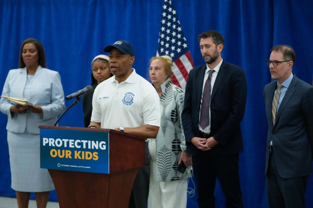 Mayor Eric Adams and New York Attorney General Letitia James make a youth-and public safety-related announcement at the Martin Luther King Jr., Educational Campus in Manhattan on Wednesday, June 12, 2024