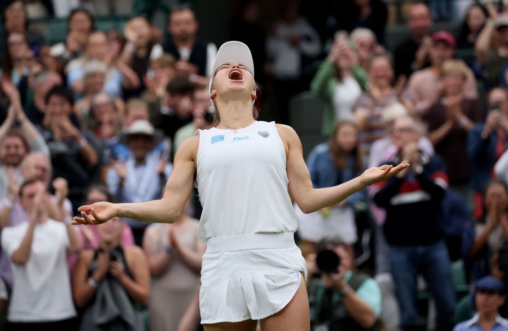 Yulia Putintseva of Kazakhstan celebrates after winning the Women's 3rd round match against Iga Swiatek of Poland at the Wimbledon Championships, Wimbledon, Britain, 06 July 2024. 