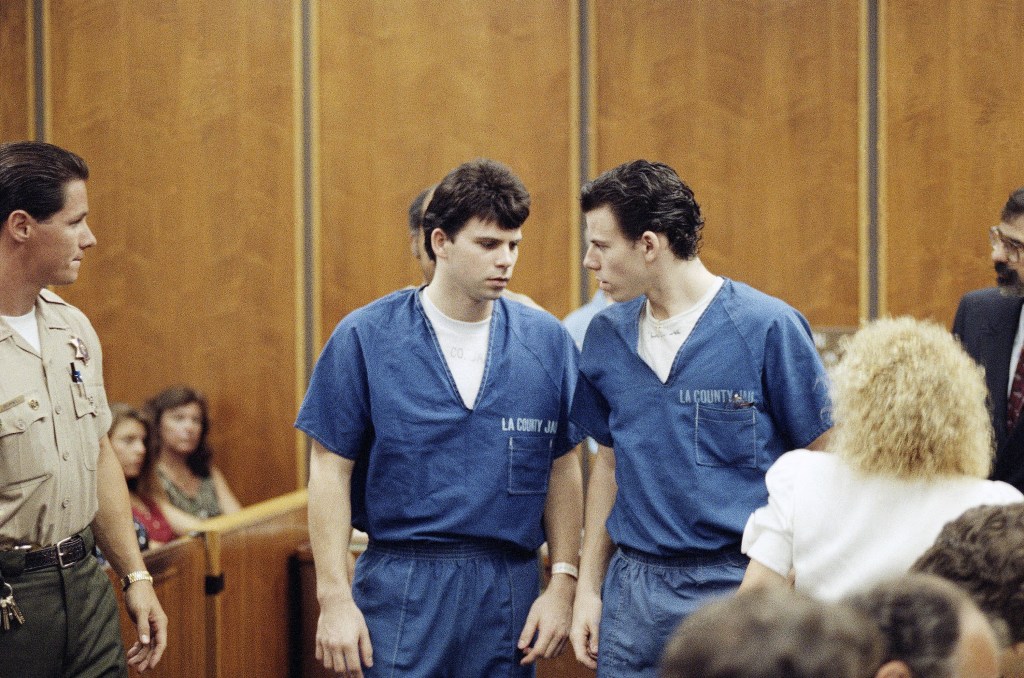 Lyle, left, and Erik Menendez leave courtroom in Santa Monica, Calif., Aug. 6, 1990,