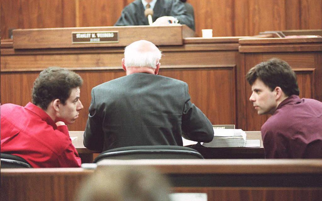 Erik, left, and Lyle, right in the courtroom during a hearing in Los Angeles.