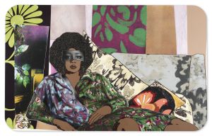 Mixed media artwork of a Black woman lying on a sofa.