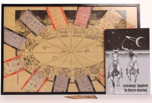 A framed display features a zodiac chart surrounded by vintage horse-racing tickets, alongside a booklet titled Astrology Applied to Horse-Racing depicting two jockeys riding horses under a cosmic background.