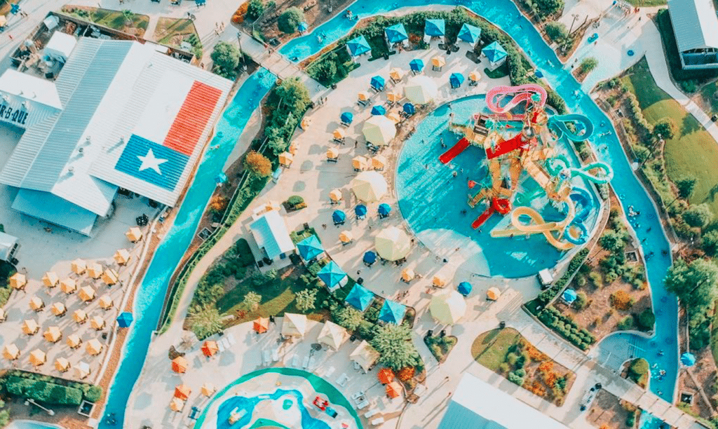 Image shows an aerial view of Typhoon Texas Waterpark in Houston.