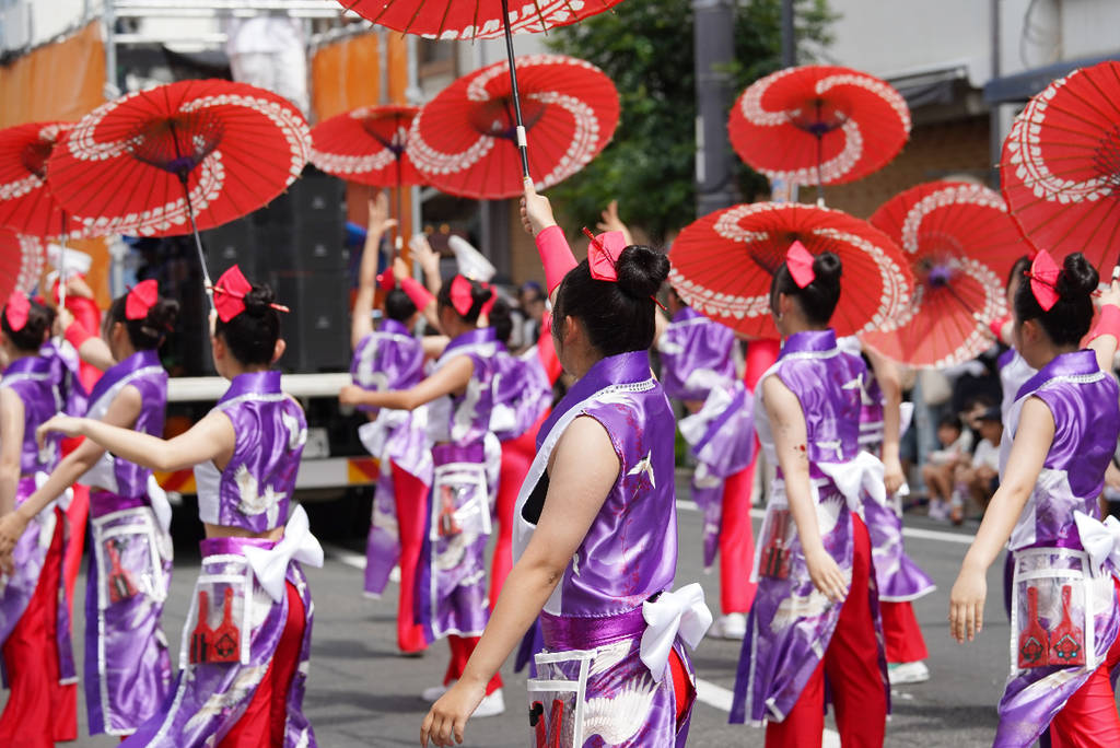 Image shows traditional Japanese dance performance, Yosakoi odori.