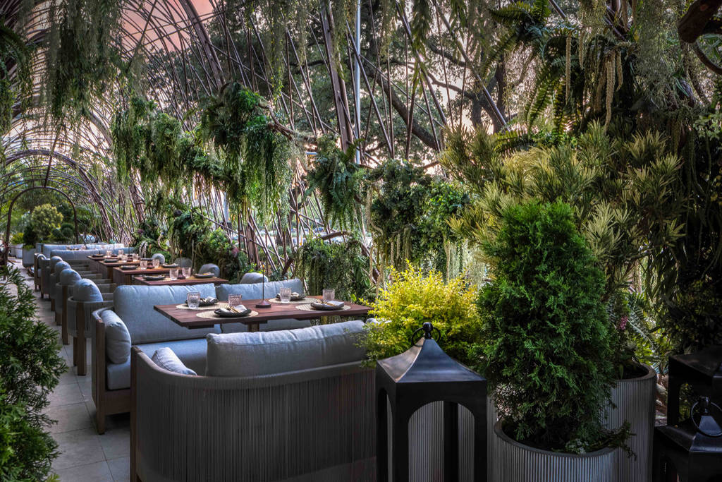 Image shows lush interior of "The Bird's Nest" lounge at Toca Madera in Houston. 