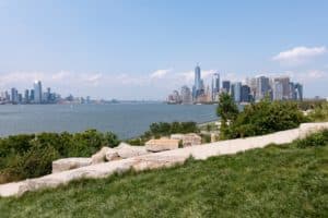 Lower Manhattan Skyline viewed from Outlook Hill on Governors Island during the Summer in New York City