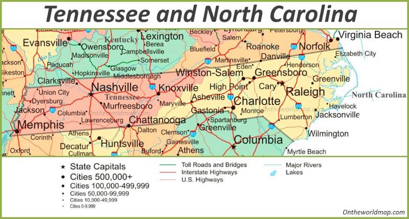 Map of Tennessee and North Carolina